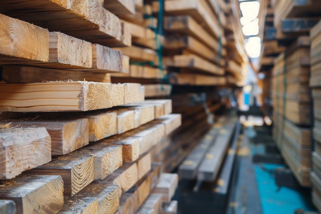 Stacks of lumber in a construction supply yard, showcasing various wood types and textures, relevant to building materials and renovation projects.