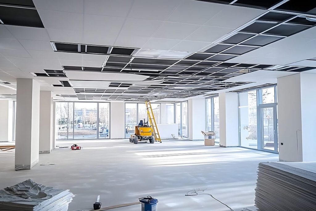 Commercial renovation space in progress at Dartmouth Building Supply's Design Center, featuring construction equipment, unfinished ceiling tiles, and natural light through large windows.