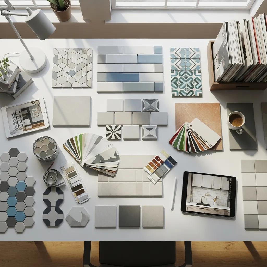 Designer workspace with various kitchen tile samples and design tools for tile selection