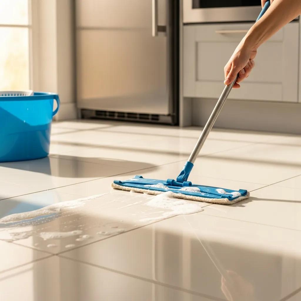 Person cleaning kitchen tile floor, emphasizing maintenance practices for tile longevity