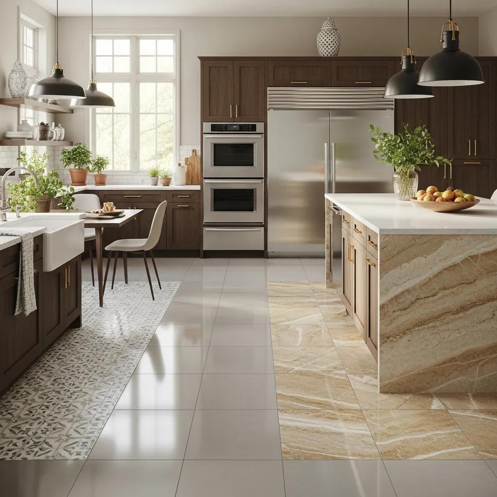 Stylish kitchen with diverse tile flooring options showcasing ceramic, porcelain, and natural stone